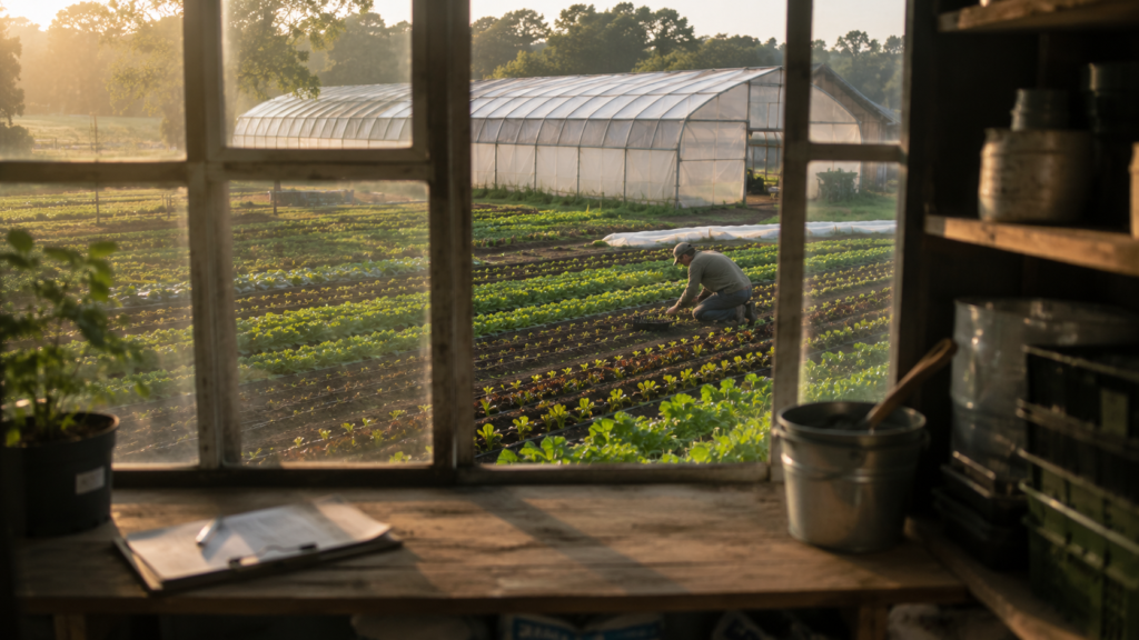 View from a farm workspace window overlooking an organic greenhouse where a farm worker transplants vegetable seedlings into prepared beds, illustrating everyday organic farm recordkeeping and field activities.