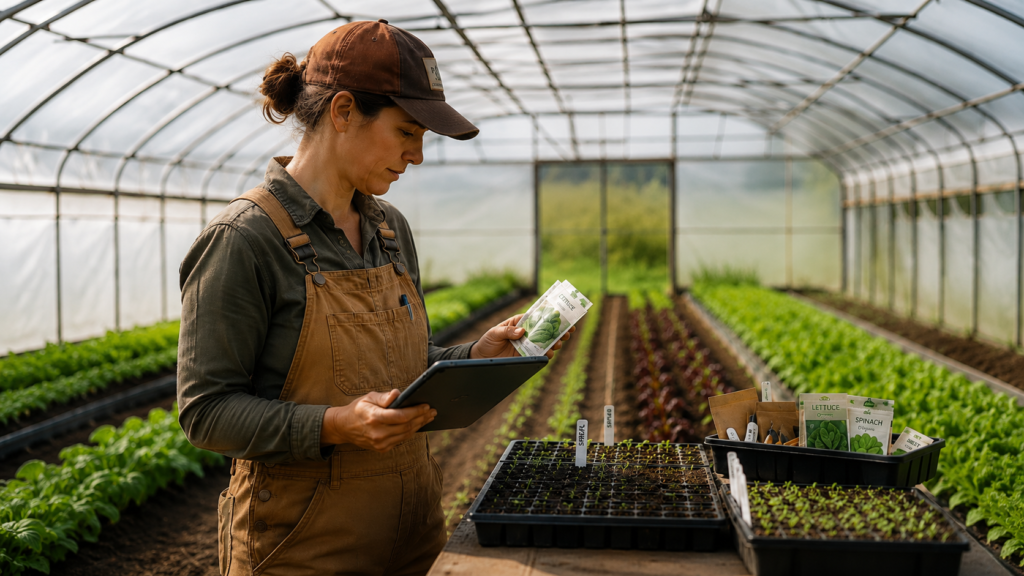 Farmer documenting seed planting with seed packets and a tablet in a greenhouse, illustrating organic seed recordkeeping requirements for organic certification.