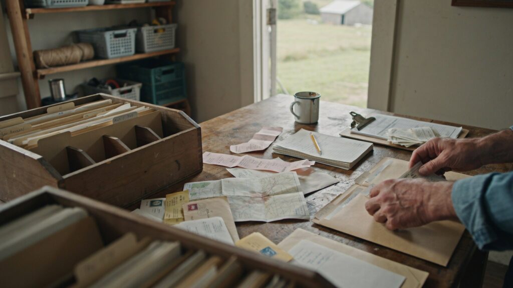 Farm records, receipts, maps, and folders being organized on a wooden table in a farm workspace.