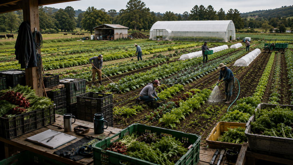 Wide view of an active organic vegetable farm where workers perform daily tasks across multiple crop rows while field activity records are documented from a farm workspace.
