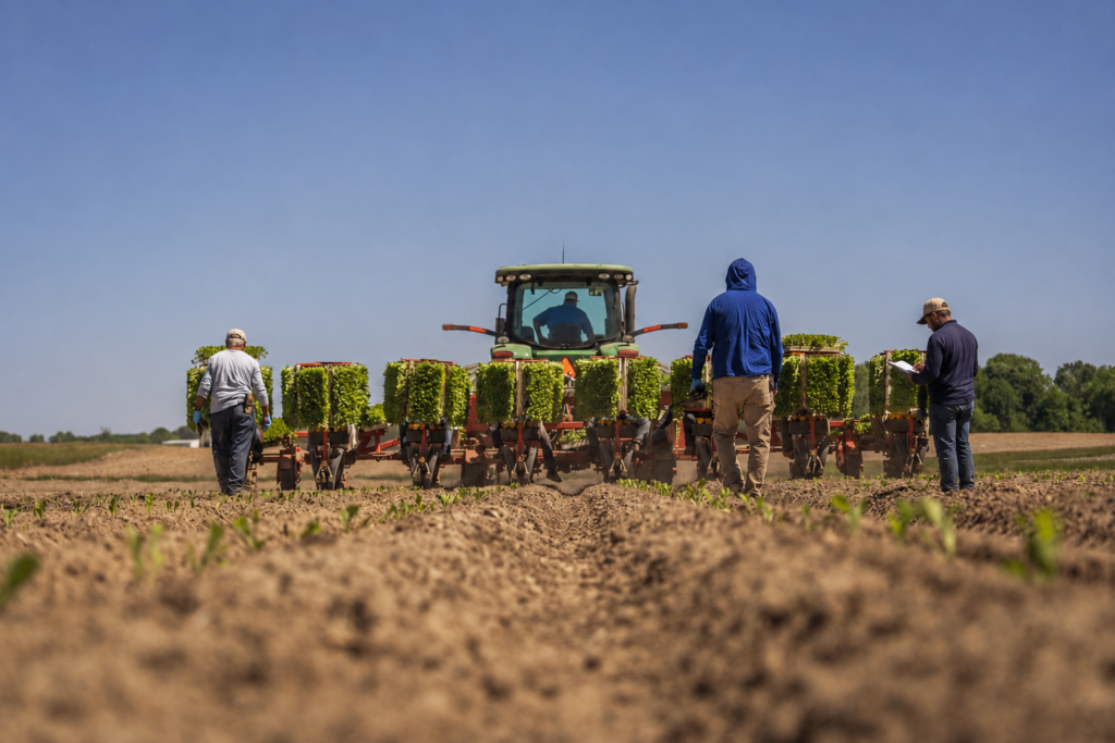Farm workers planting seedlings in a field while one worker records planting information on a clipboard.