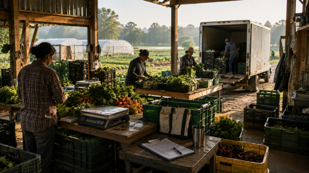 Freshly harvested vegetables being sorted and packed inside a farm packing shed while workers prepare customer orders for delivery, illustrating organic sales recordkeeping and produce traceability.