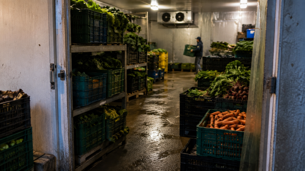 Fresh vegetables organized in crates inside an organic farm storage cooler, with a worker moving produce in the background.